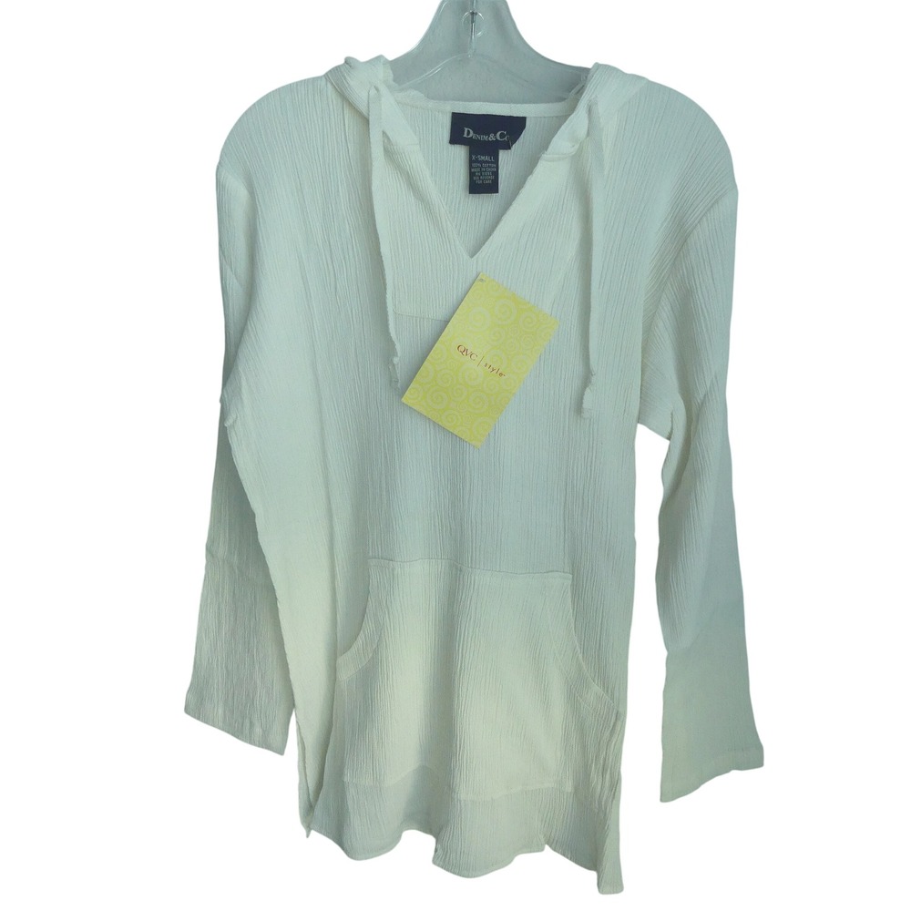 Denim & Co Ivory‎ Cotton Gauze Hooded Top Beach Cover Up XS NWT Coastal Boho